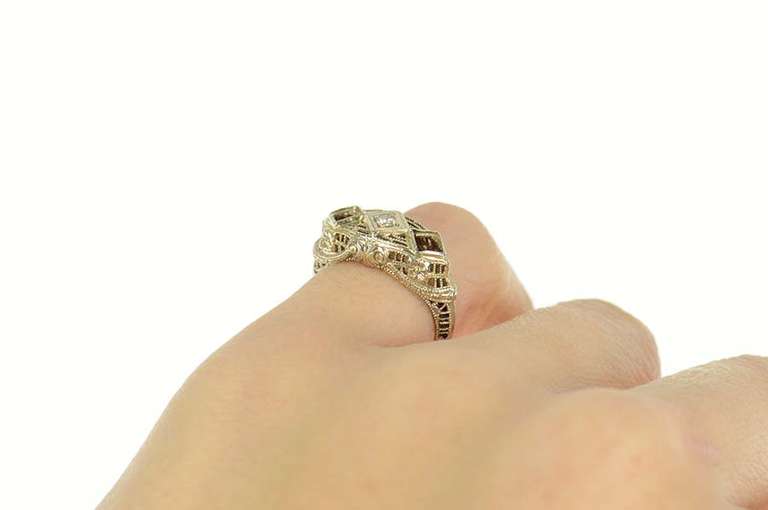 14K White Gold Diamond Ornate Art Deco Filigree Engagement Ring