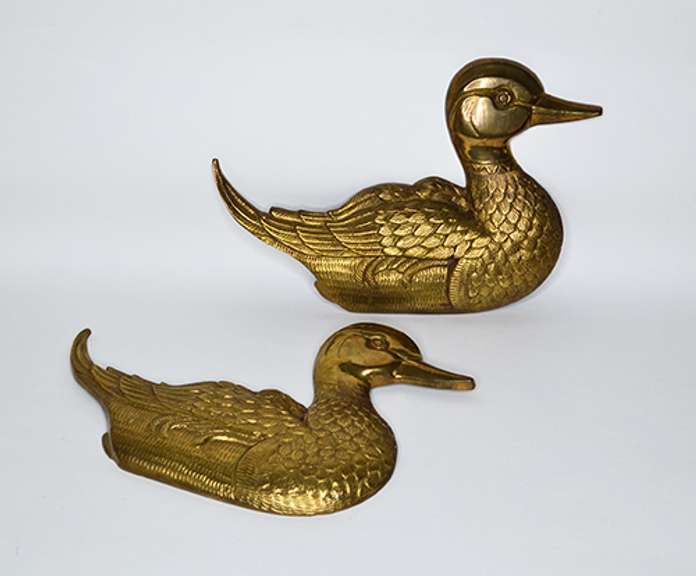 Two 3D Solid Brass Swimming Duck Wall Decorative Plaques With Texture
