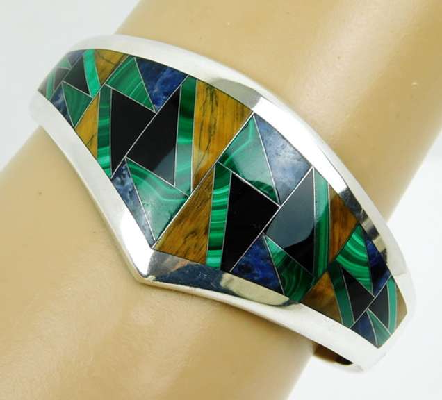 Heavy 950 Sterling Signed Taxco Gemstone Bangle Bracelet