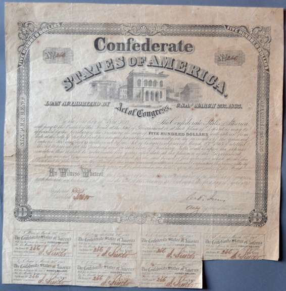 April 1 1863 $500 Confederate States Of America Coupon Bond