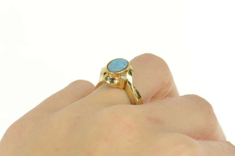 14K Yellow Gold Oval Black Opal Diamond Accent Bypass Ring