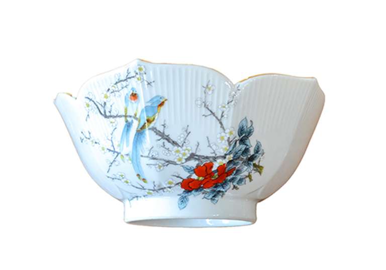 Gorgeous Fine China Bowl Made in Japan, with Exotic Blue Birds on Cherry Blossoms and Gilded Scalloped Edge