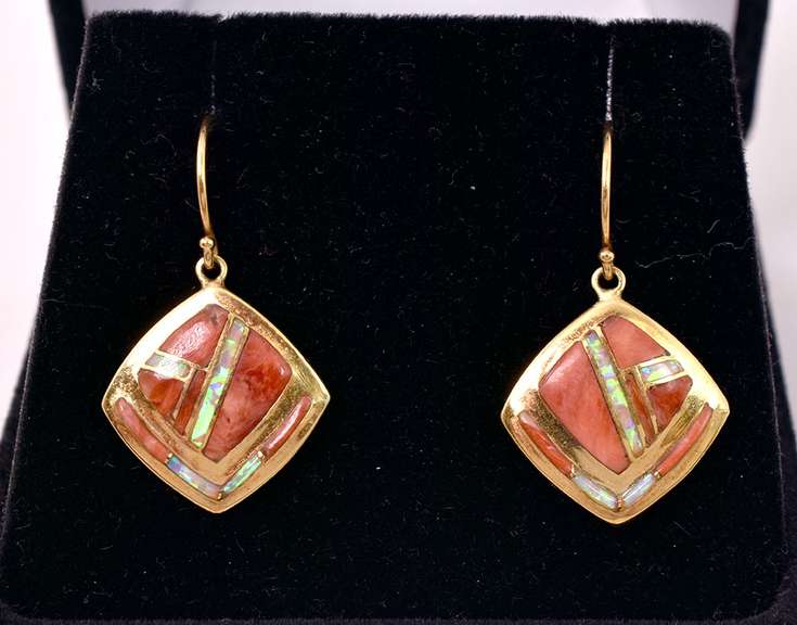 Darling Dangling Coral and Opal Earrings in Signed 14K Yellow Gold