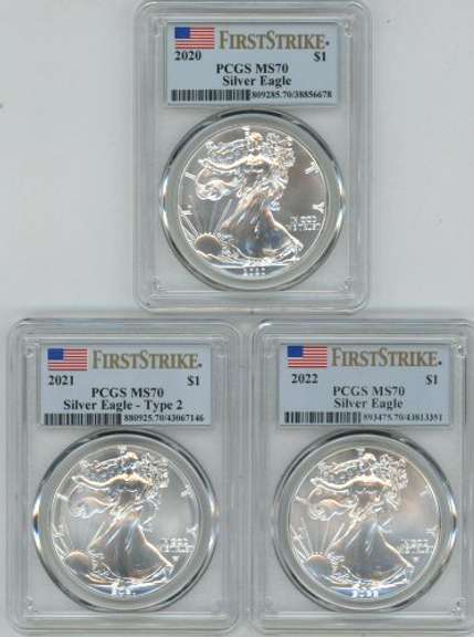 3 PCGS MS70 FIRST STRIKES $1 Silver Eagles 2020, 21, & 22