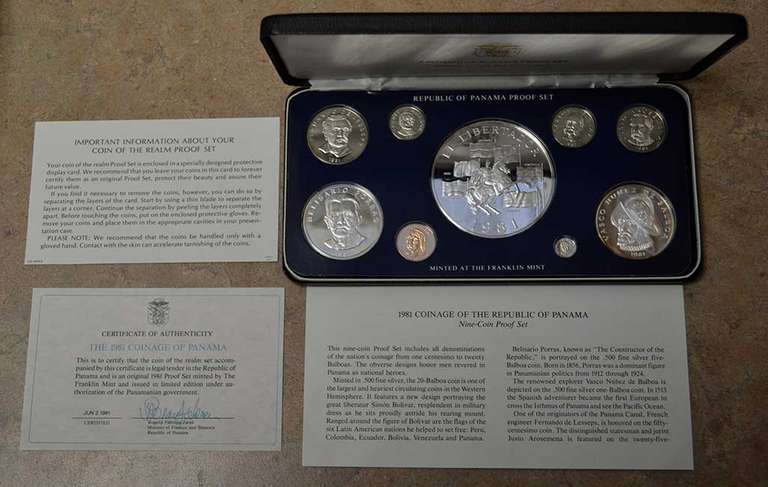 1981 9 Piece Republic Of Panama Proof Set Minted At Franklin Mint Silver