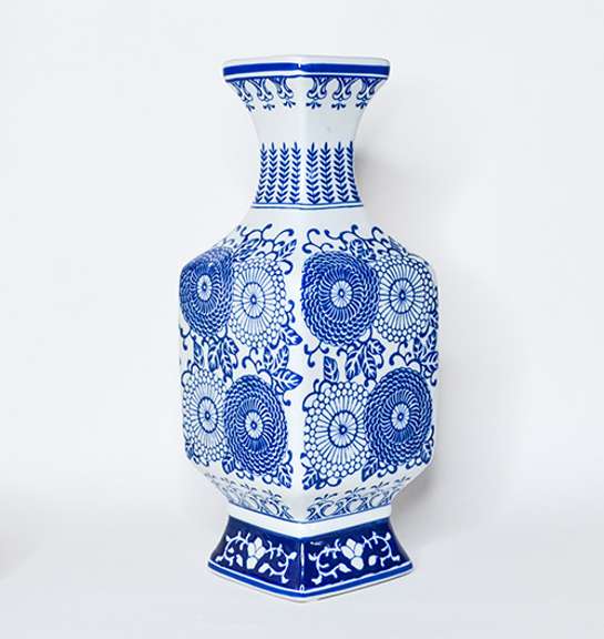 14 Inch Cobalt Blue and White Chinoiserie Ceramic Vase With a Beautiful Floral Pattern
