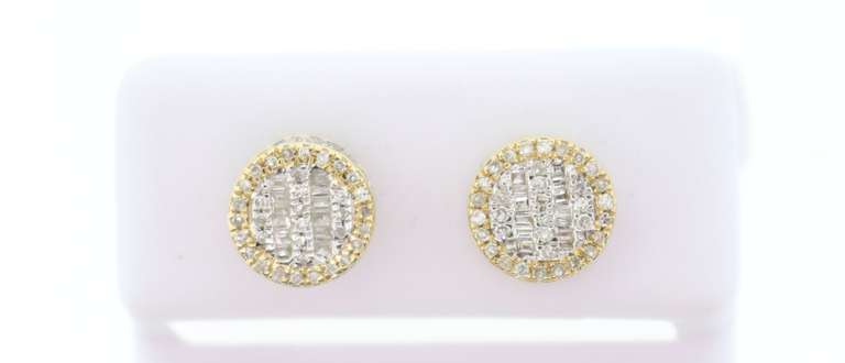 Circular Baguette Diamond Earrings edged with 14k Yellow Gold and Round Diamonds