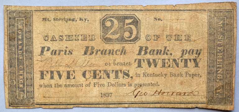 Mount Sterling Kentucky Paris Branch 25 Cent 1837 Note
