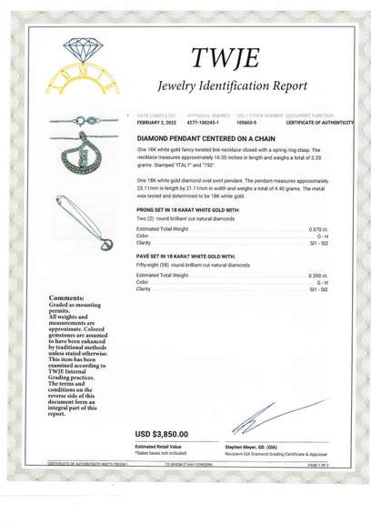 Attractive 8kt White Gold RBC Diamond w Diamond Pave Pendant on Chain