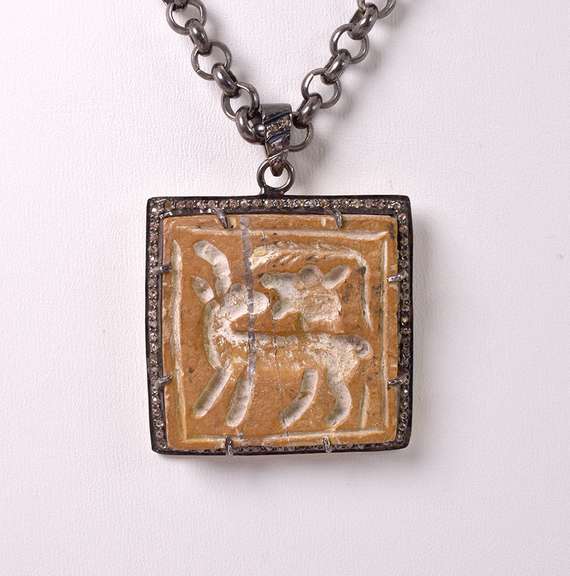 Enchanting Carved Animal Agate and Diamond Pendant Necklace in Rhodium plated Sterling Silver