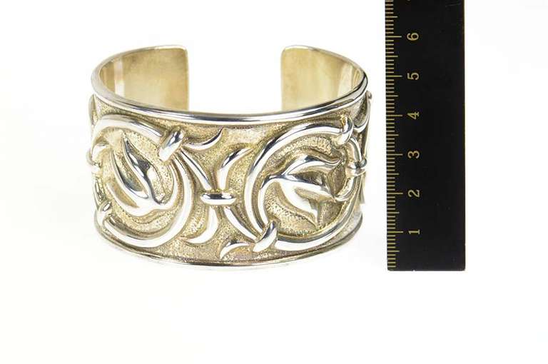 Sterling Silver Elaborate Scroll Design Floral Wide Cuff Bracelet