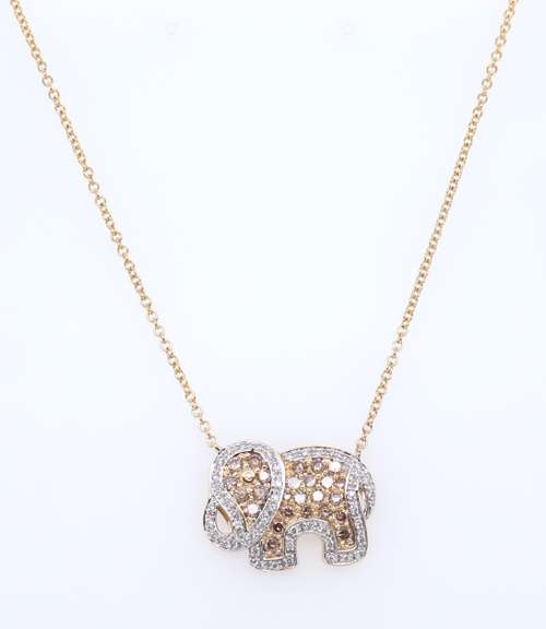 Charming Yellow Gold Champagne and White Diamond Elephant Pendant on Chain