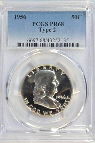 Near Perfect Gem Proof 1956 (Type 2) Franklin Half. PCGS PR68