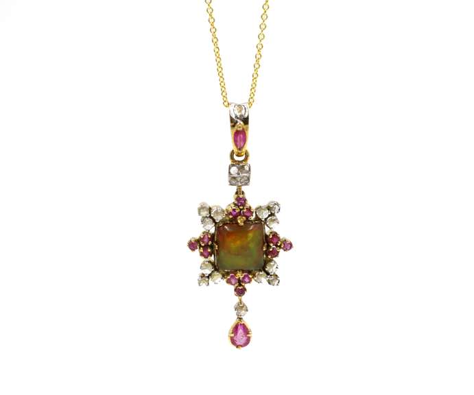 Luxurious 1.75ctw Opal, Ruby, and Diamond Pendant in 14K