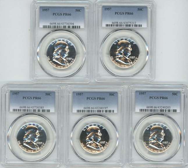 Lot of 5 Gem Proof 1957 Franklin Half Dollars. PCGS PF66