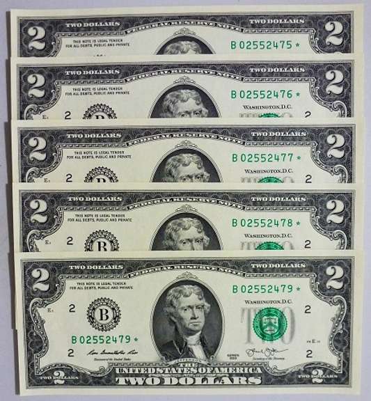 (5) Crisp Exceptional 2013 $2 Star Replacement Notes New York-Consecutive!