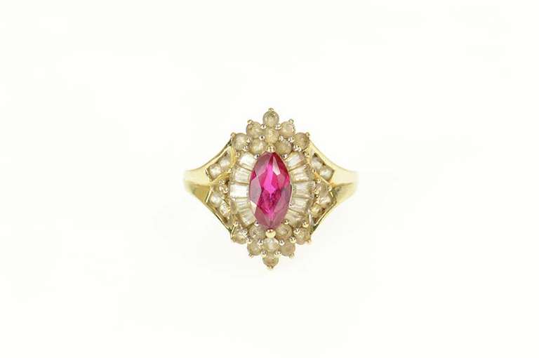 10K Yellow Gold Marquise Sim. Ruby Baguette Halo Statement Ring