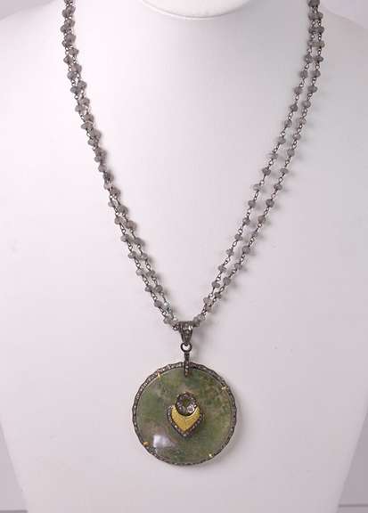 Incredible Vintage Jadeite and Diamond Pendant with Beaded Labradorite Necklace in Gold Plated Sterling Silver