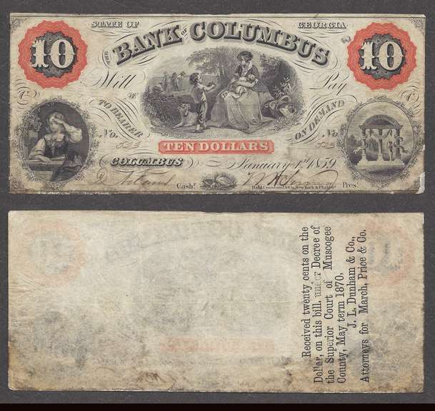 $10 1859 Bank of Columbus Georgia Obsolete Extremely Fine