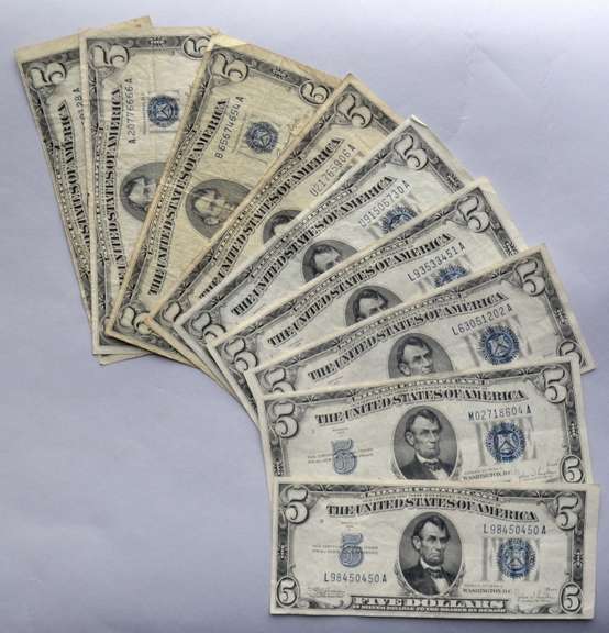 9 $5 Blue Seal Silver Certificates