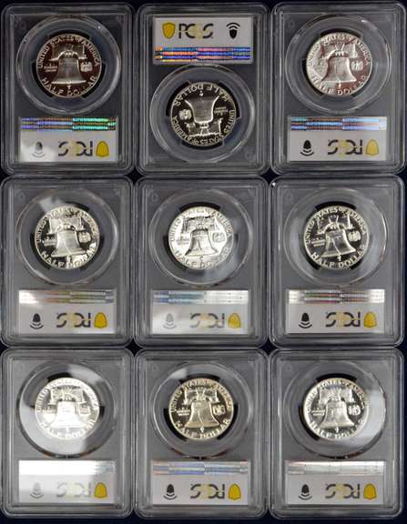 Run Of Proof Franklin Half Dollars 1954-1963 NO 1960. PCGS PR65-PR68.