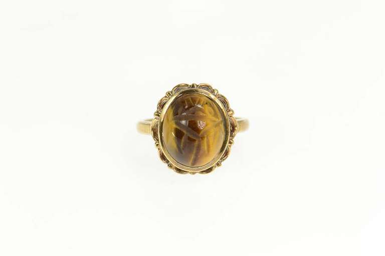 10K Yellow Gold Oval Carved Tiger's Eye Scarab Statement Ring