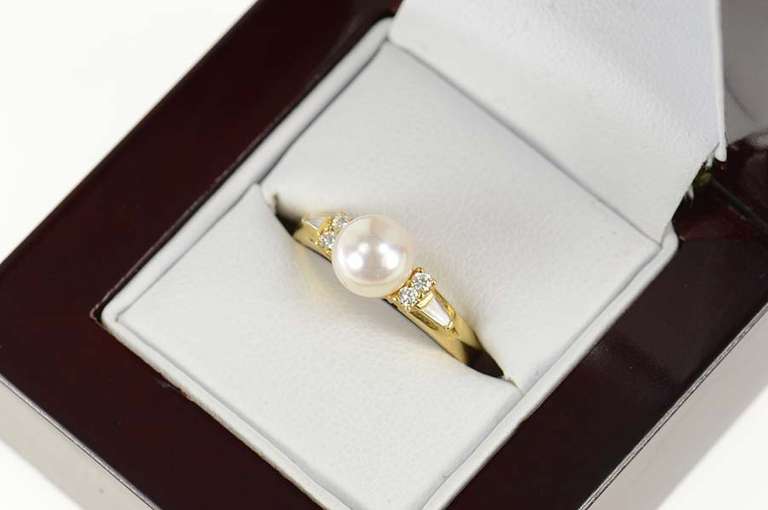 14K Yellow Gold Mikimoto Pearl Diamond Classic Engagement Ring