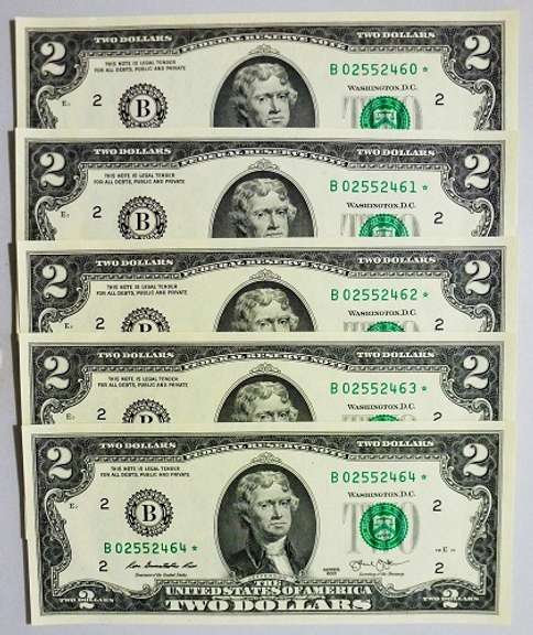 (5) Crisp Exceptional 2013 $2 Star Replacement Notes New York-Consecutive!