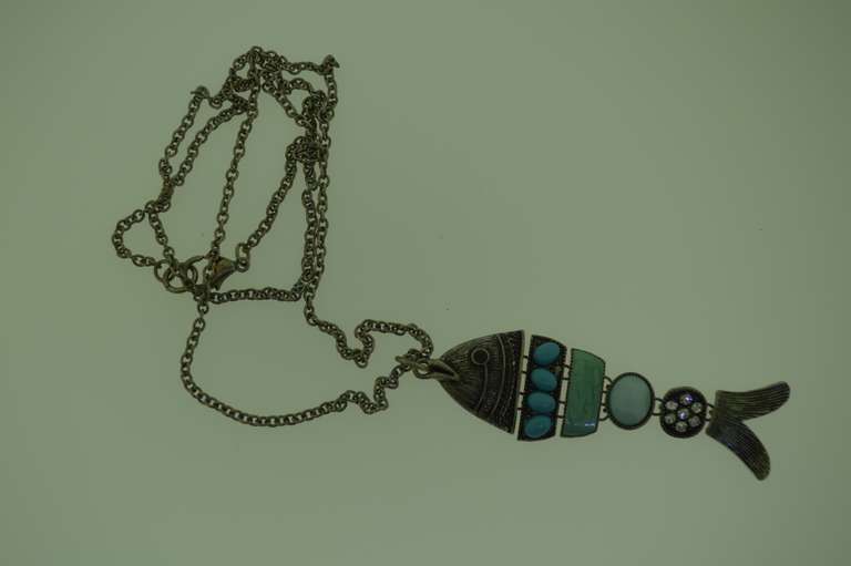 Sterling Turquoise Large Fish Pendant With Chain