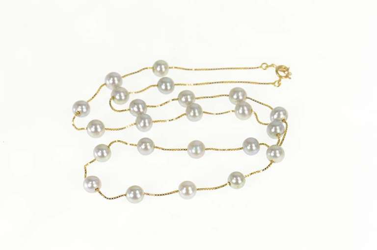 14K Yellow Gold 5.6mm Silver Blue Pearl Box Chain Statement Necklace