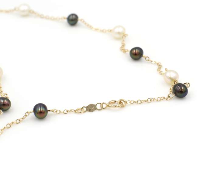 Elegant Black and White Pearl Station Necklace in 14K