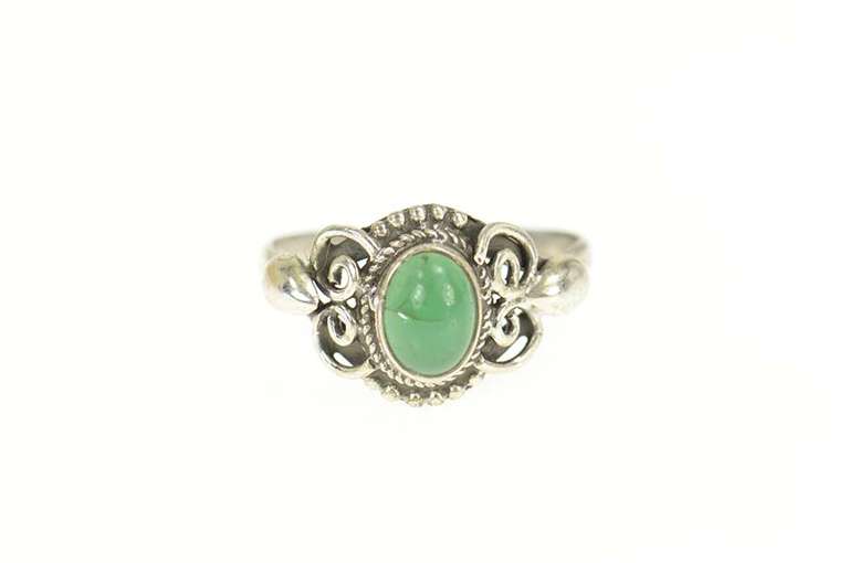 Sterling Silver Oval Green Chalcedony Ornate Scroll Ring