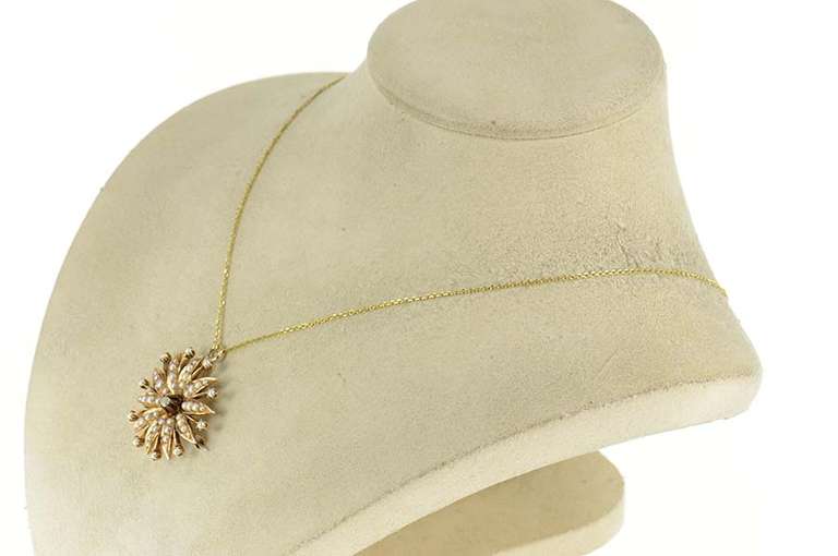 10K Yellow Gold Victorian Ornate Seed Pearl Flower Sun Pendant/Pin