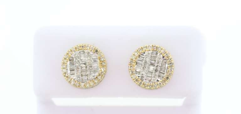 Circular Baguette Diamond Earrings edged with 14k Yellow Gold and Round Diamonds