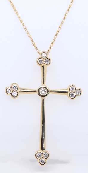 Attractive Yellow Gold Diamond Flared Edge Cross Pendant on Chain