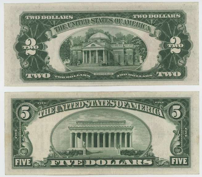 Real nice 1928-F $2 & 1928-C $5 Red Seal Notes. Choice