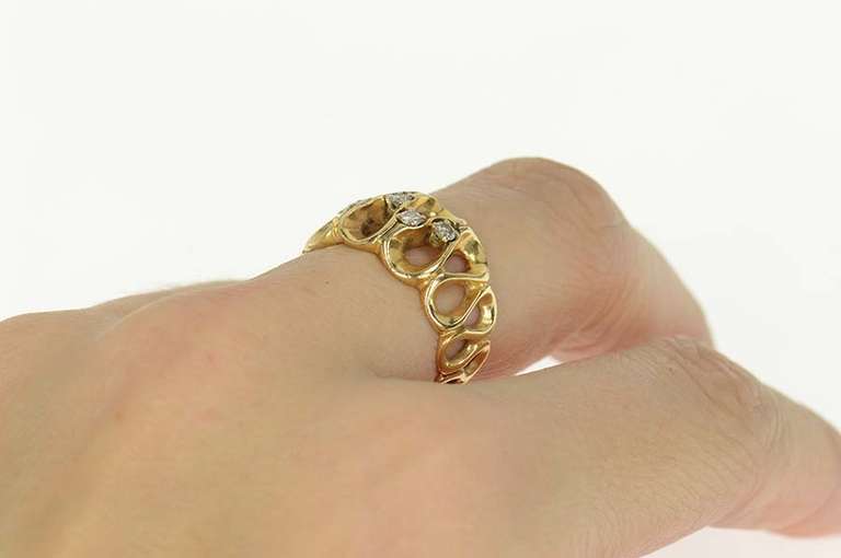 14K Yellow Gold 1960's Retro Wavy Loop Diamond Statement Ring