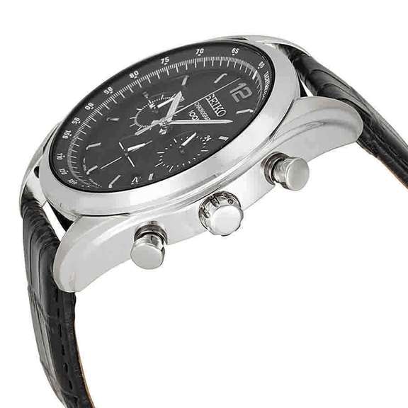 Black Dial Seiko Chronograph, Leather Strap, new in box