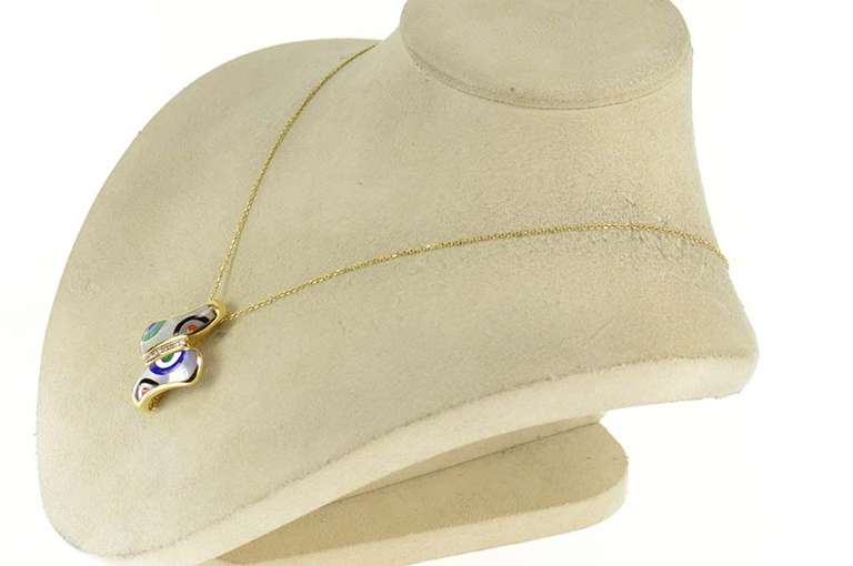 14K Yellow Gold Geometric Stone Inlay Diamond Bypass Slide Pendant