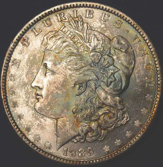 1889 Morgan Silver Dollar With Yellow, Blue, Green, Toning. BU