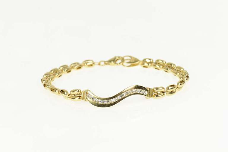 14K Yellow Gold 0.39 Ctw Diamond Wavy Bar Chain Link Bracelet