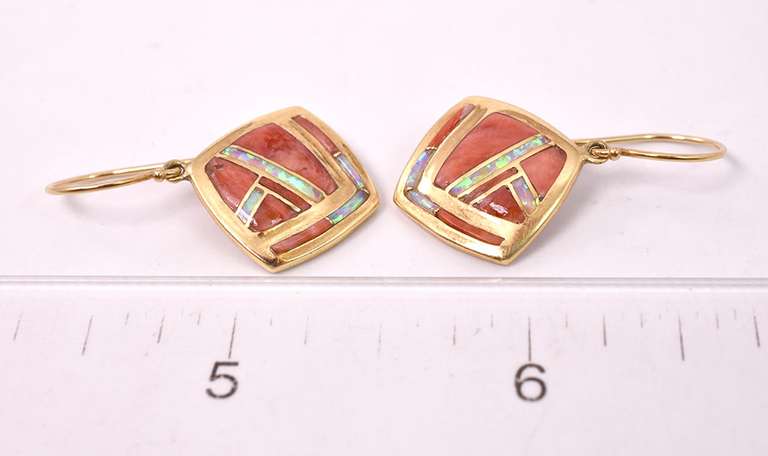 Darling Dangling Coral and Opal Earrings in Signed 14K Yellow Gold