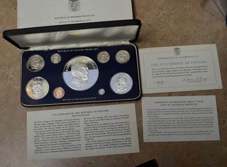1975 9 Piece Republic Of Panama Proof Set Minted At Franklin Mint Silver