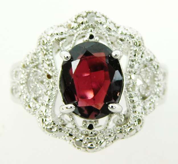 Ornate Silver Filigree Garnet Ring, Size 8