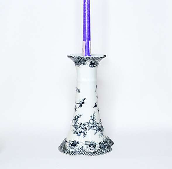 Vintage 10 Inch Black and White Ceramic Candle Holder With Animal and Floral Pattern