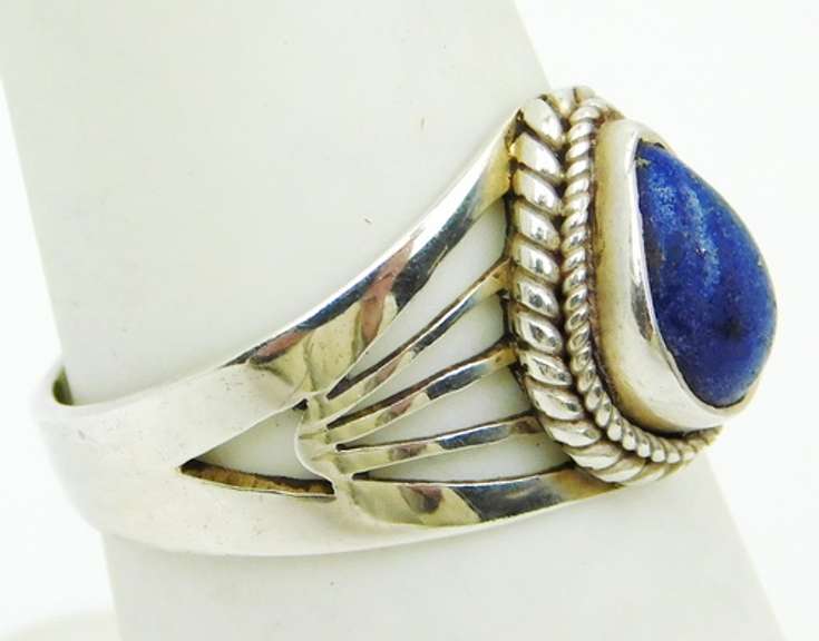 Wide Sterling Lapis Ring, Size 6.5
