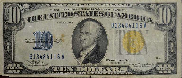 Series 1934A $10 Silver Certificate WW2 North Africa, Circulated.