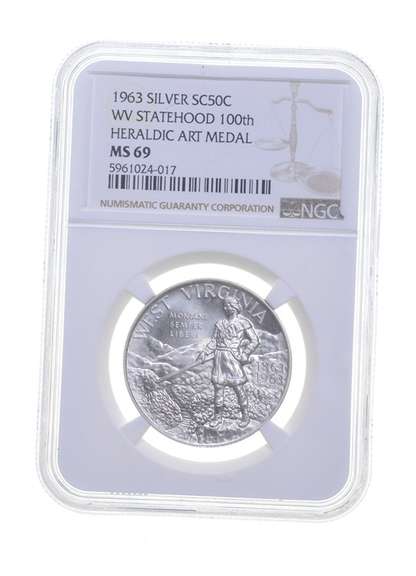 MS69 1963 WV Statehood Silver So Called Half Dollar Heraldic Medal NGC