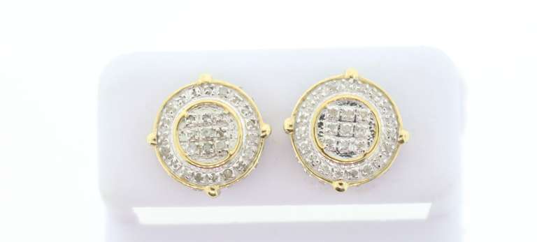 10k Yellow Gold Rimmed Earrings with Square Diamond Clusters