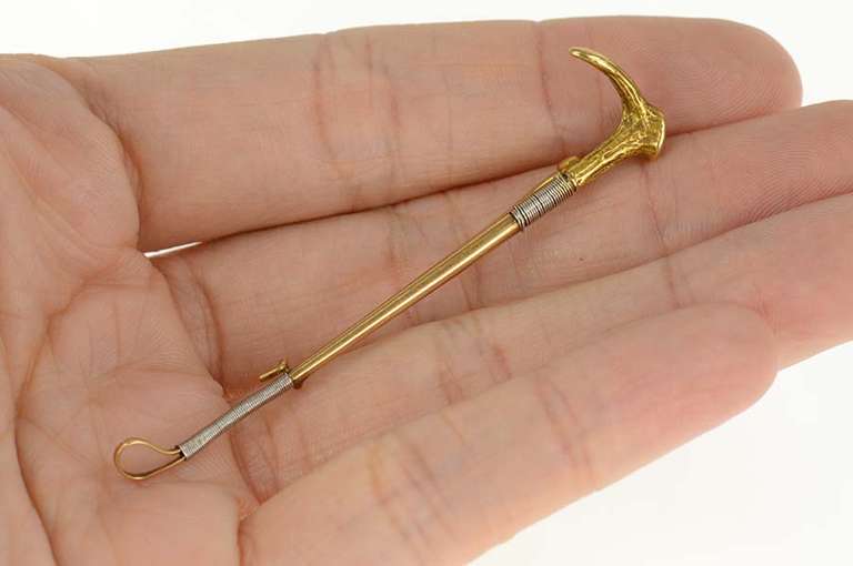 14K Yellow Gold Ornate Carved Antler Handle Riding Crop Pin/Brooch